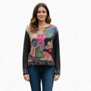 Nancy Bolen City Girl Floral Vase Embellished Silk Blend Sweater XL Black